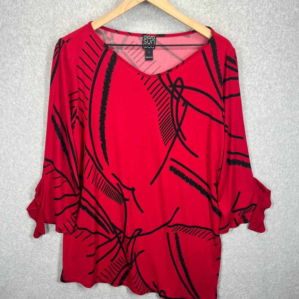 Ciara Sunwoo Top Women‎ L Red Abstract Print Ruffle Sleeve Boat Neck EUC